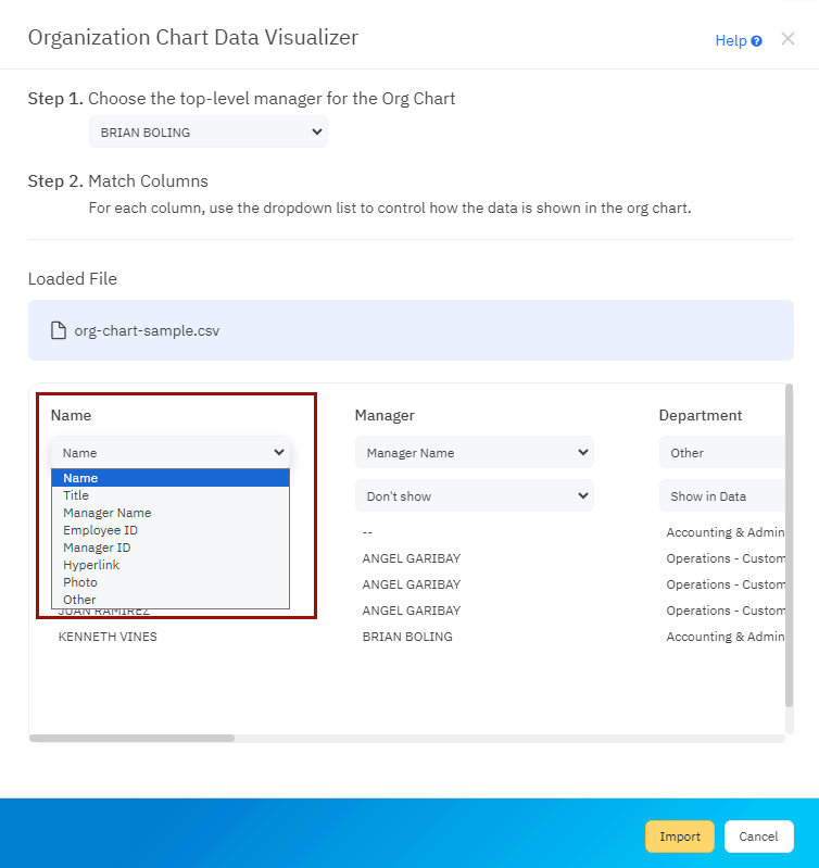 Org chart data types