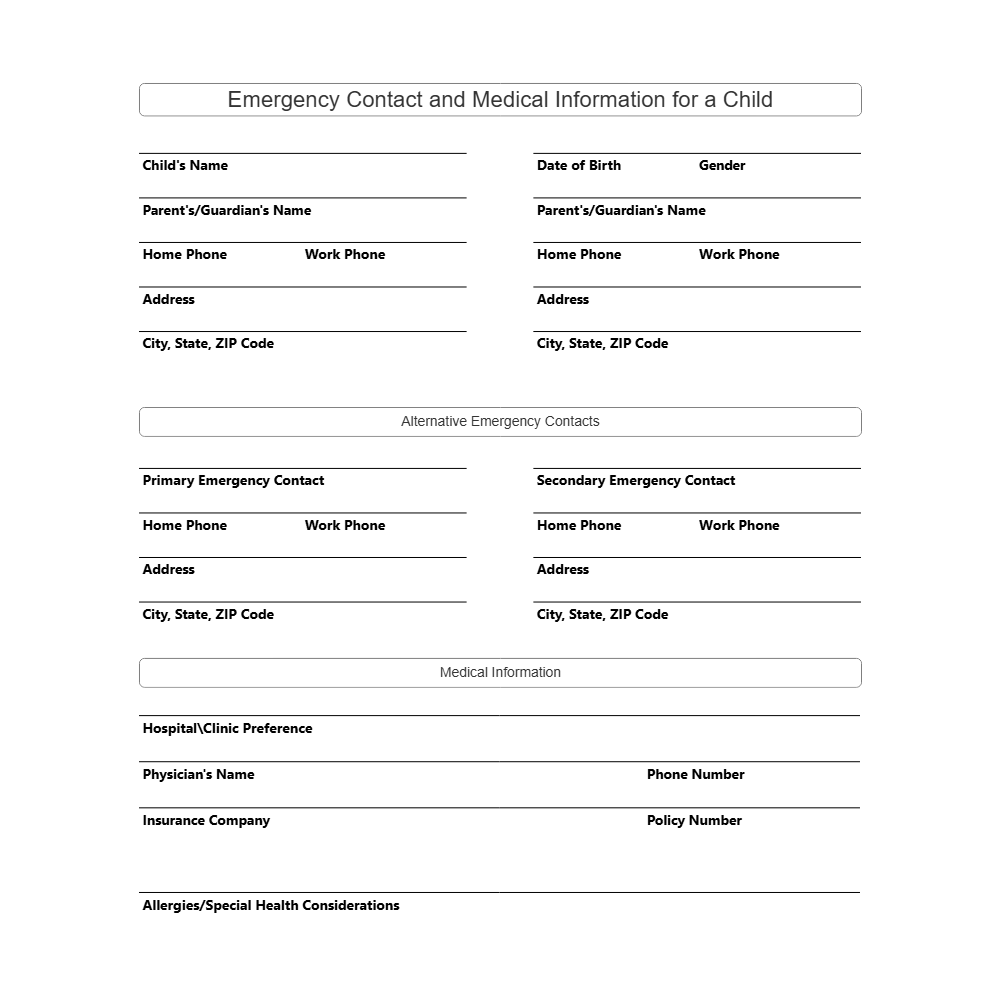 Example Image: Emergency Contact and Medical Information for a Child