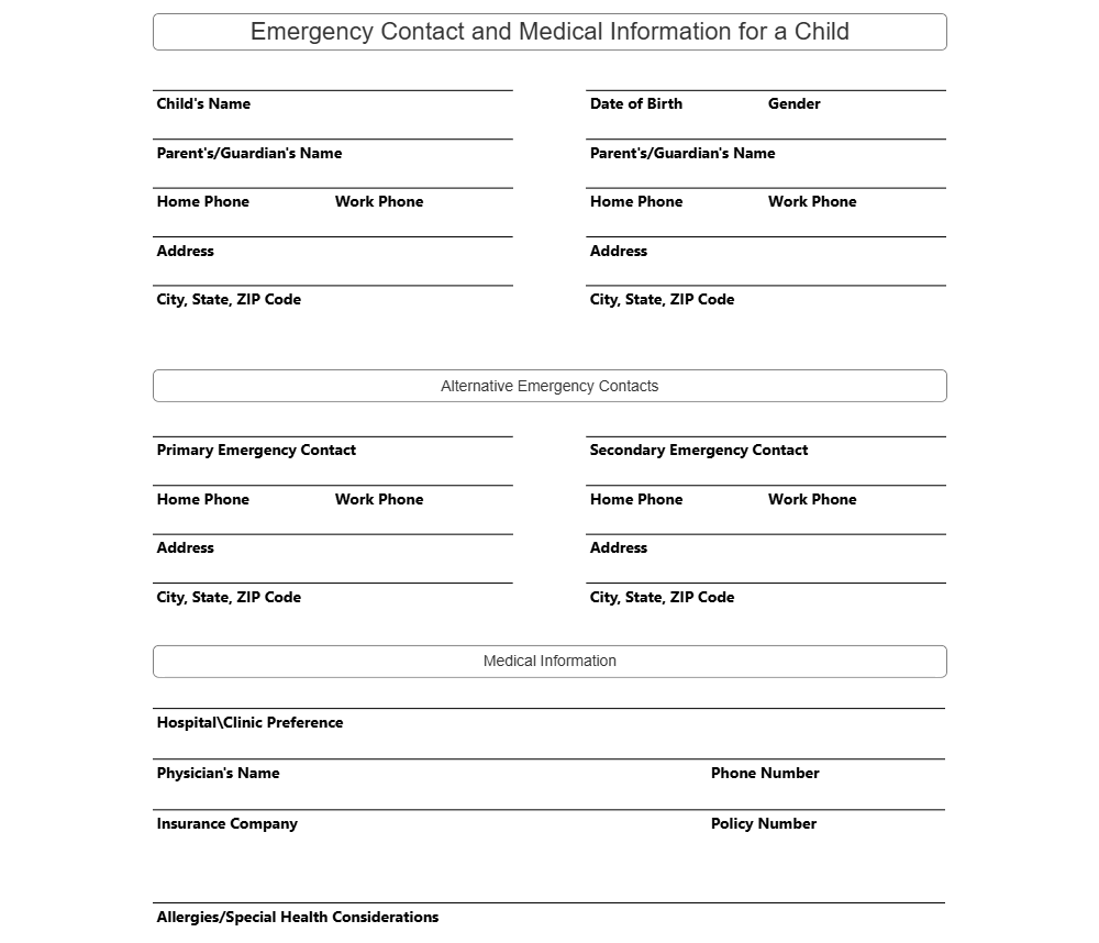 Example Image: Emergency Contact and Medical Information for a Child
