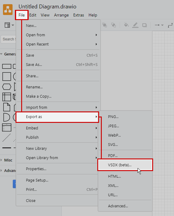 Export Visio files from Draw.io