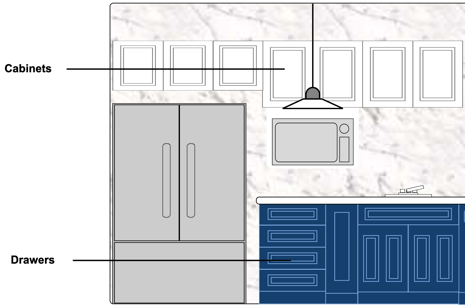 kitchen elevation with labeled cabinets