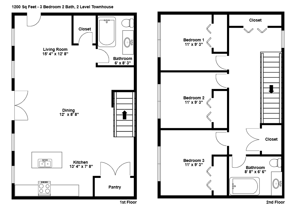 Example Image: 3 Bedroom 2 Bath 2 Story Townhouse