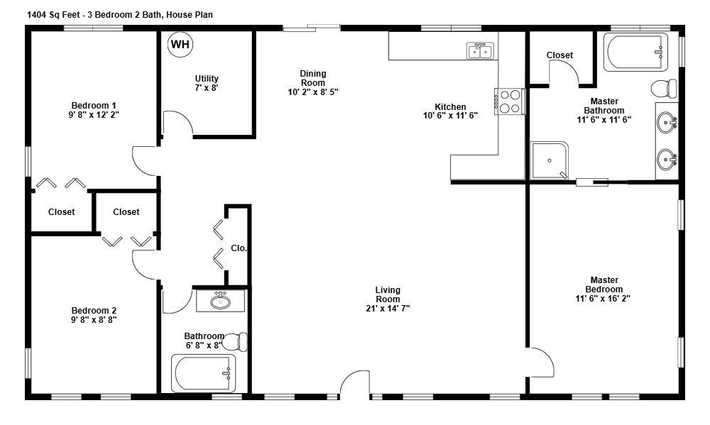 Example Image: 3 Bedroom 2 Bath Open-Concept Contemporary Ranch House Layout 