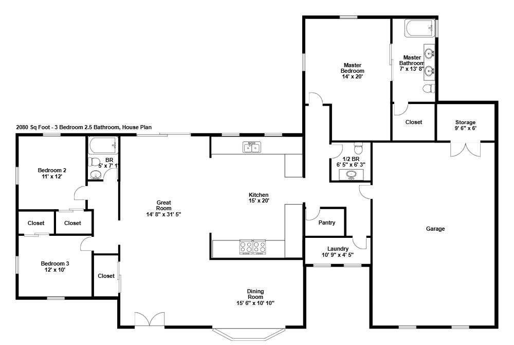 Example Image: 3 Bedroom 2.5 Bath Ranch-Style House Plan