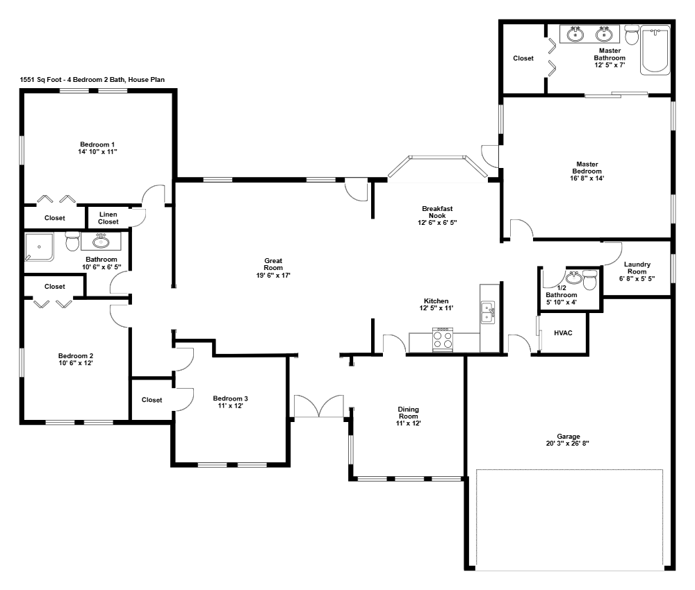 Example Image: 4 Bedroom 2.5 Bath Contemporary Ranch House with Split-Bedroom Design