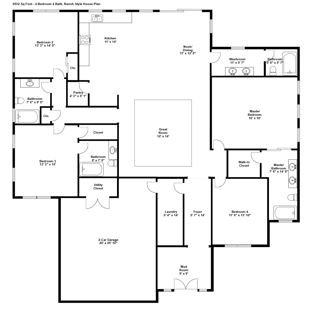 Example Image: 4 Bedroom 4 Bath Modern Courtyard Ranch House Plan