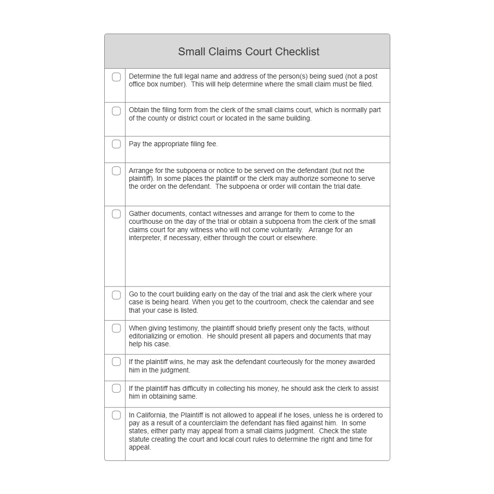Example Image: Small Claims Court Checklist