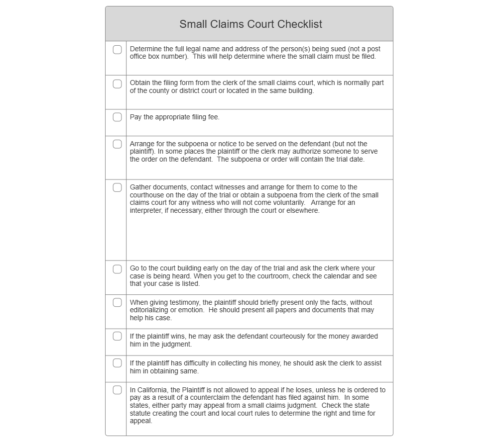 Example Image: Small Claims Court Checklist